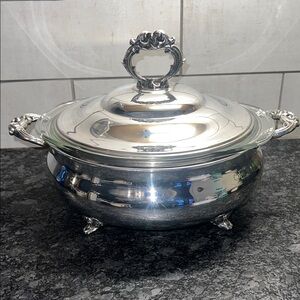 English Silver Serving Dish with Clear 2qt  Pyrex bowl insert and lid.